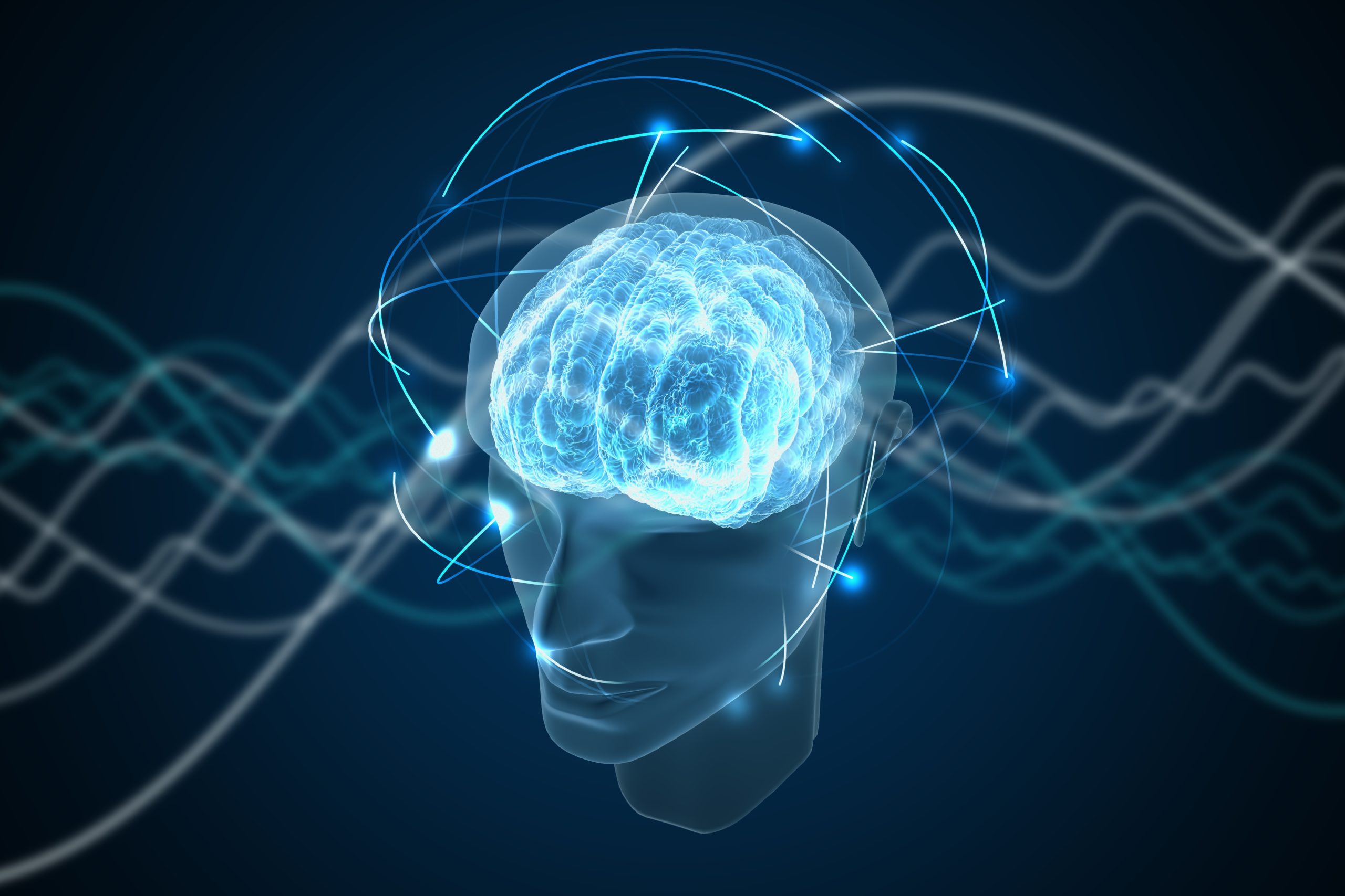 Kommunikation: 3D-Illustration des Gehirns mit Kommunikationswellen