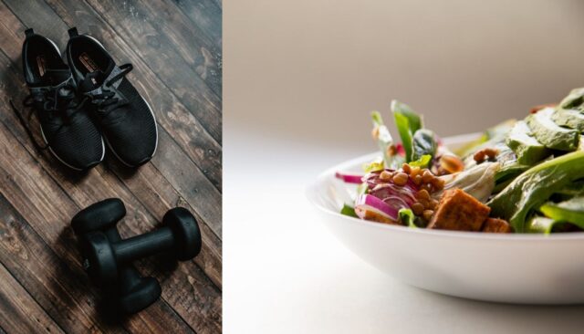 Schwarze Sportschuhe und Hanteln auf einem Holzboden und eine Schale mit Salat und Gemüse