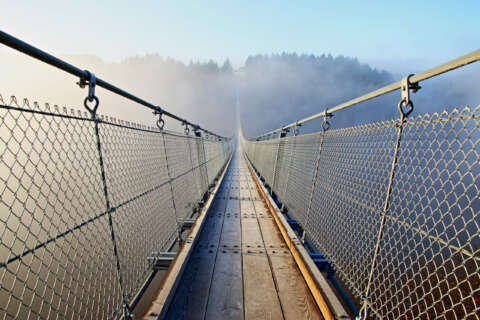 Ziel: Eine Hängebrücke führt auf einen gegenüberliegenden Berg, der im Morgendunst zu sehen ist.