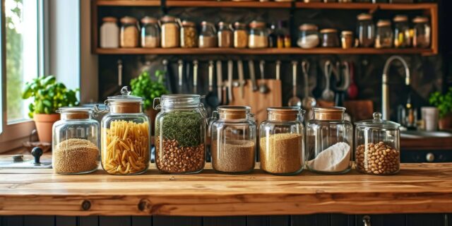 Zero Waste-Küche: Küche mit Gläsern, gefüllt mit Lebensmitteln.