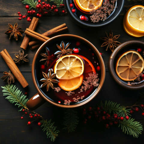 Tee: Früchtetee mit Orange und Zimt auf rustikalen Holzbrett.