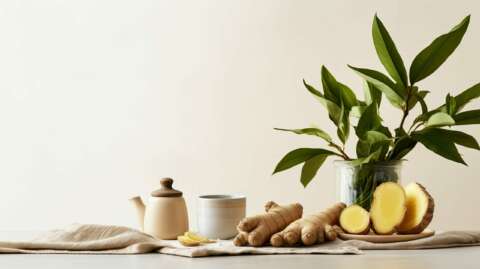 Ingwer: a cup filled with ginger tea, placed on a sleek table alongside fresh ginger root, a teapot, and scattered ginger leaves. The foreground perspective adds depth to the composition