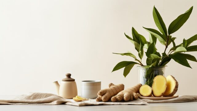 Ingwer: a cup filled with ginger tea, placed on a sleek table alongside fresh ginger root, a teapot, and scattered ginger leaves. The foreground perspective adds depth to the composition