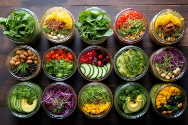 Meal Prep: Gläser gefüllt mit buntem Essen.it